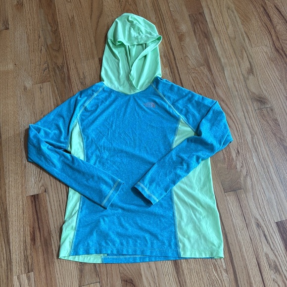 NORTH FACE Girls Neon Green & Teal Lightweight Hooded Long Sleeve Shirt, XL 18 - Picture 1 of 7